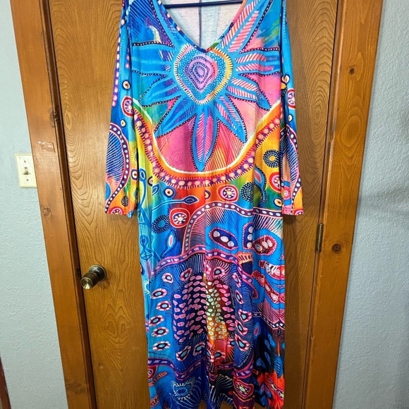 Psychedelic Blue, Pink and Multicolored Maxi Caftan Dress with V-Neck - Picture 1 of 7
